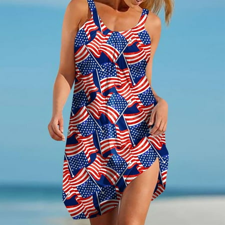 

Joau American Flag Dress for Women 4th of July Sleeveless Casual Dresses USA Stars Stripes Summer Beach Sundress O-Neck Loose Sleepdress Nightgown Comfy Home Loungewear