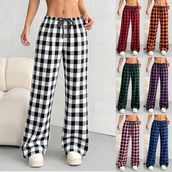 Horkkom Plaid Pajama Pants Women Trendy Spring Summer Lounge Pants Casual Loose Sleep Pants with Pockets Elastic Waist Drawstring L