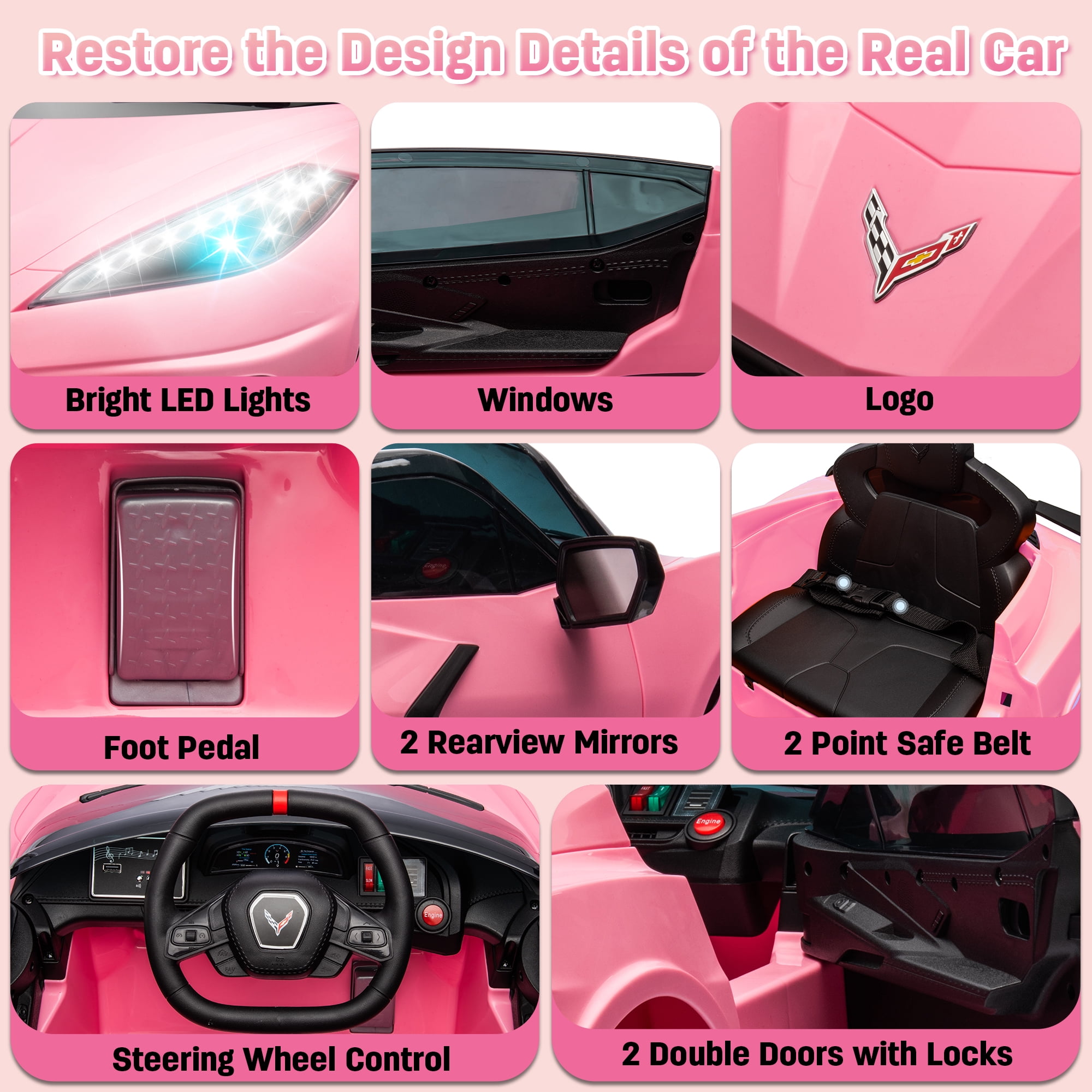 Chevrolet Corvette C8 Licensed Ride on Car,Wisairt 12 V Battery Powered Electric Vehicle w/ Remote Control,Bluetooth,LED Lights and Heightened Windows(Pink)