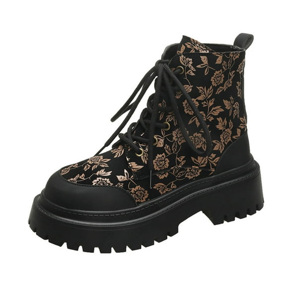 Gold Women'S Fashion Boots Round Toe High Heel Chunky Heel Thick Sole Embroidered Floral Short Boots Casual Comfortable Outdoor Walking Shoes 1.37 Lb