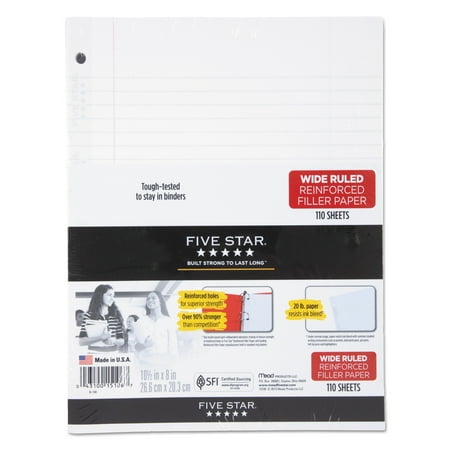Five Star Reinforced Filler Paper, 20lb, Wide Rule, 10 1/2 x 8, White, 110 Sheets