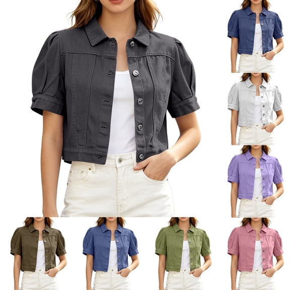 Miaoju Women's Summer Short Sleeve Crop Denim Trucker Jacket Jean Coat Tops, White M