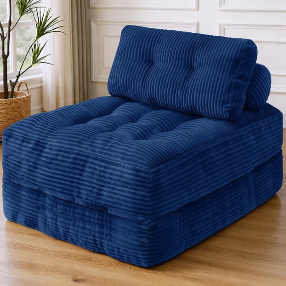 Navyblue Tufted Corduroy Folding Sofa Bed With Pillow, Convertible Sleeper Chair For Living Room Or Bedroom