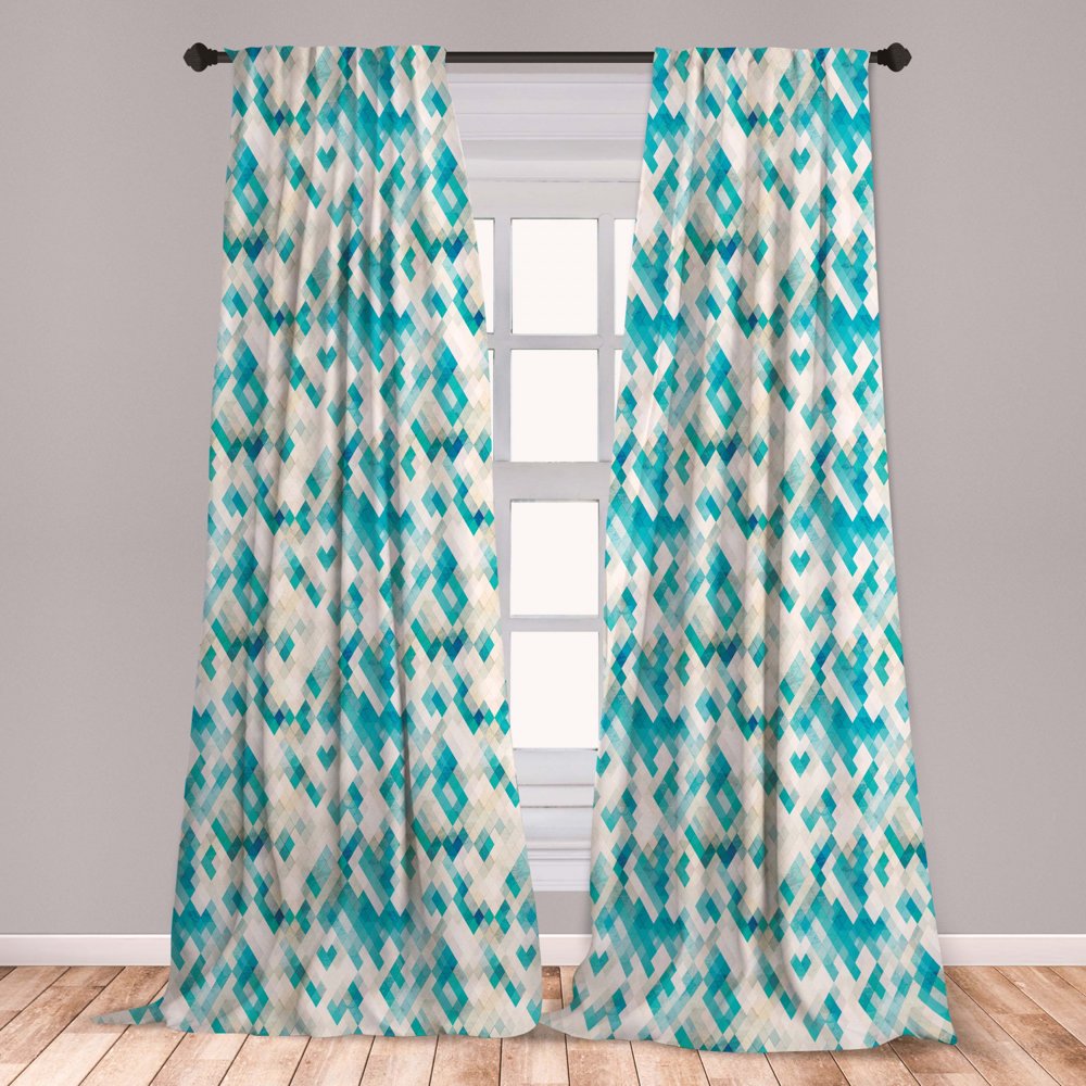 Geometric Curtains 2 Panels Set, Blue Themed Hexagonal Shaped Abstract