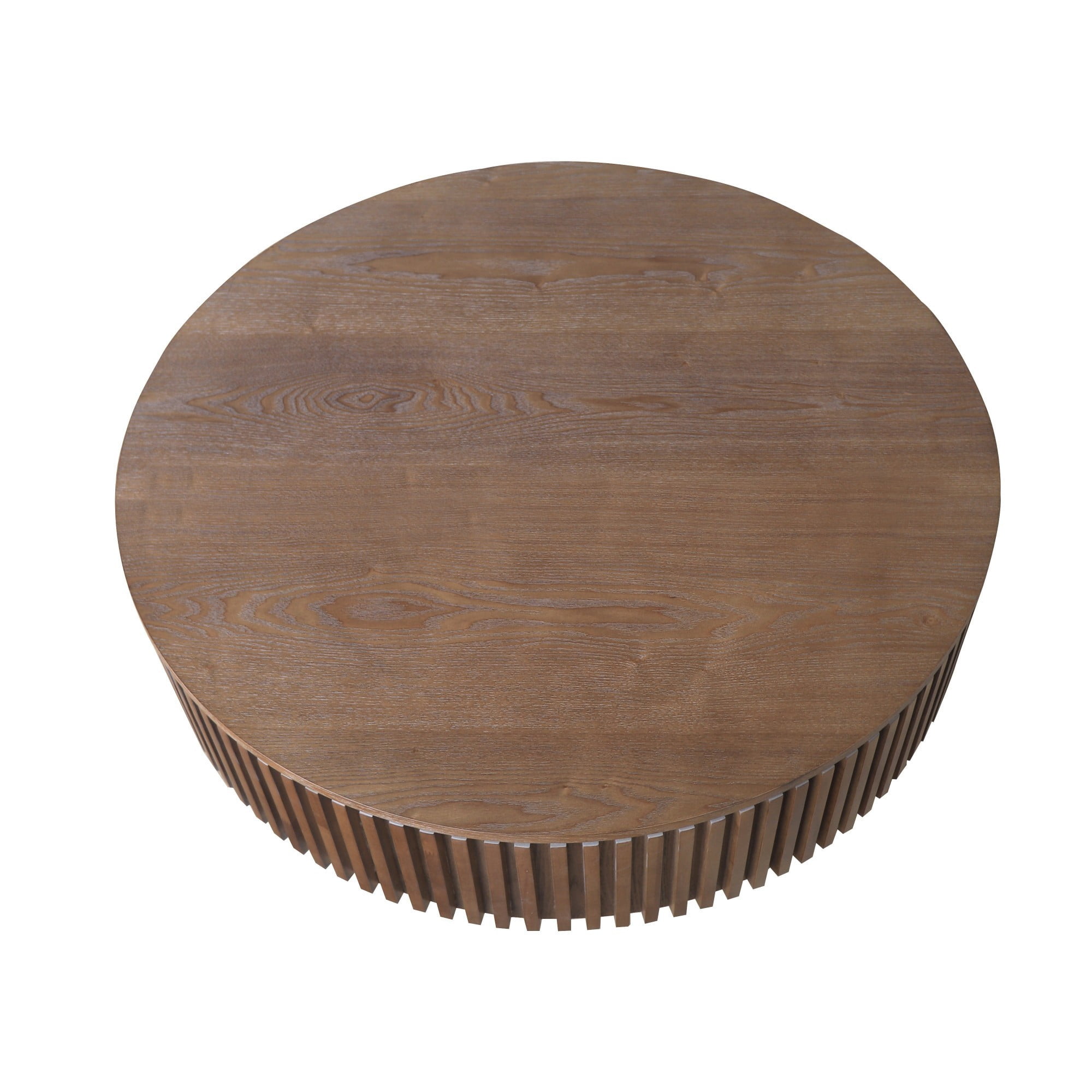 39.37" Round Coffee Table with Storage, Fluted Modern Coffee Table with Hidden Storage, Wood Veneer Center Table for Living Room, Walnut