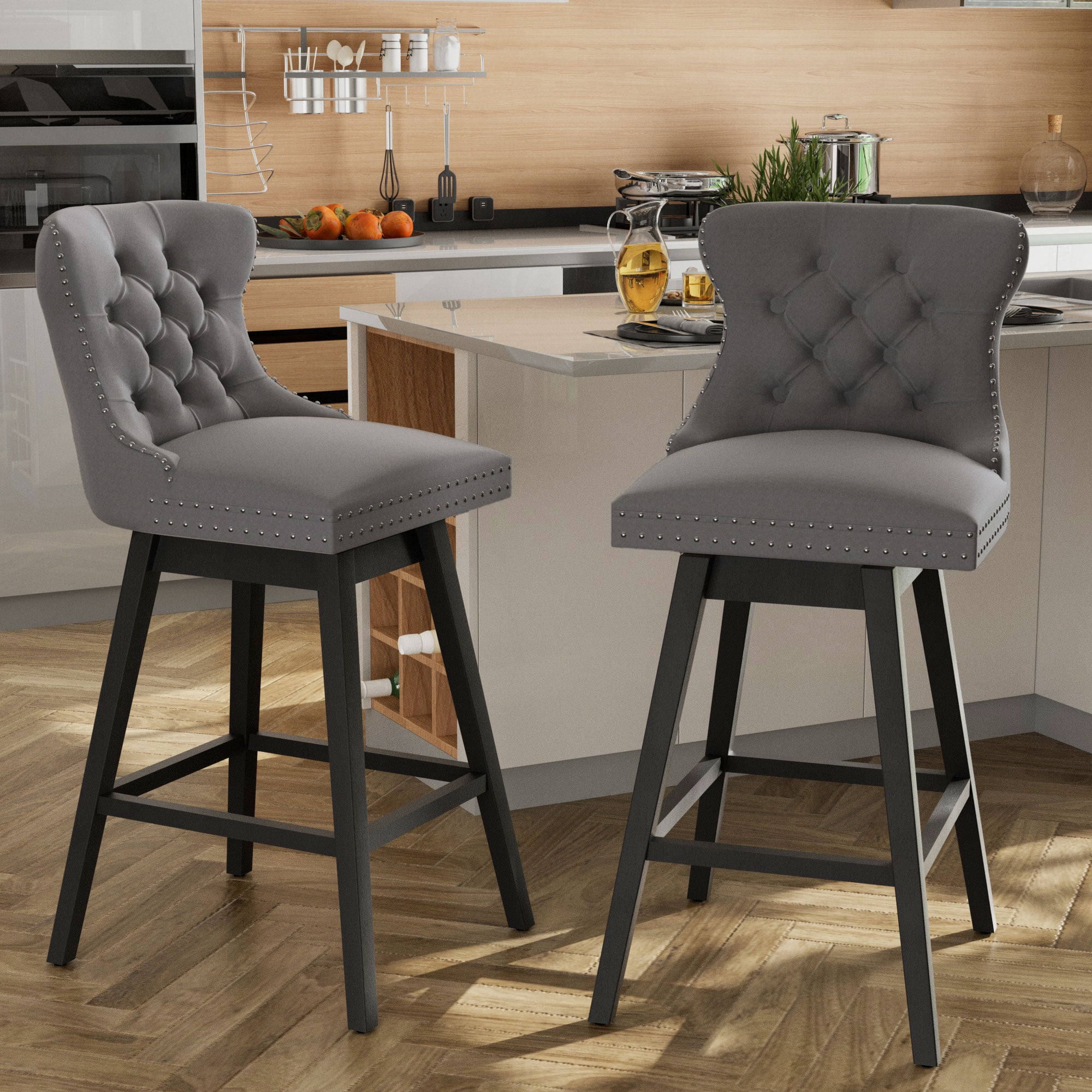 TEWLOSS 26" Swivel Counter Height Bar Stools with Back Set of 2, Gray Velvet Kitchen Stools