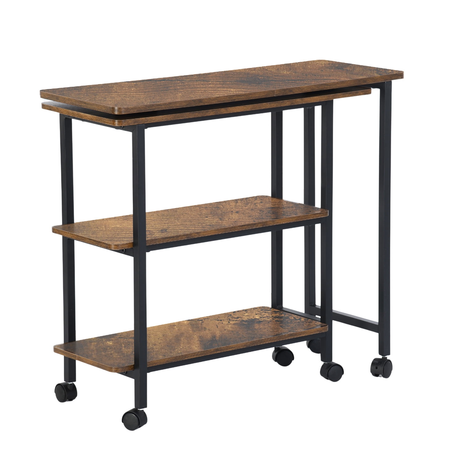 Adjustable Foldable Rustic Kitchen Cart, Walnut Finish Metal Frame Rolling Utility Cart with 3 Wood Shelves, Compact Storage Serving Cart for Kitchen Dining Room