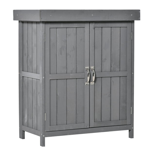 Outsunny Outdoor Storage Cabinet Wooden Garden Shed Utility Tool Organizer  with Waterproof Asphalt Rood, Lockable Doors, 3 Tier Shelves, Gray