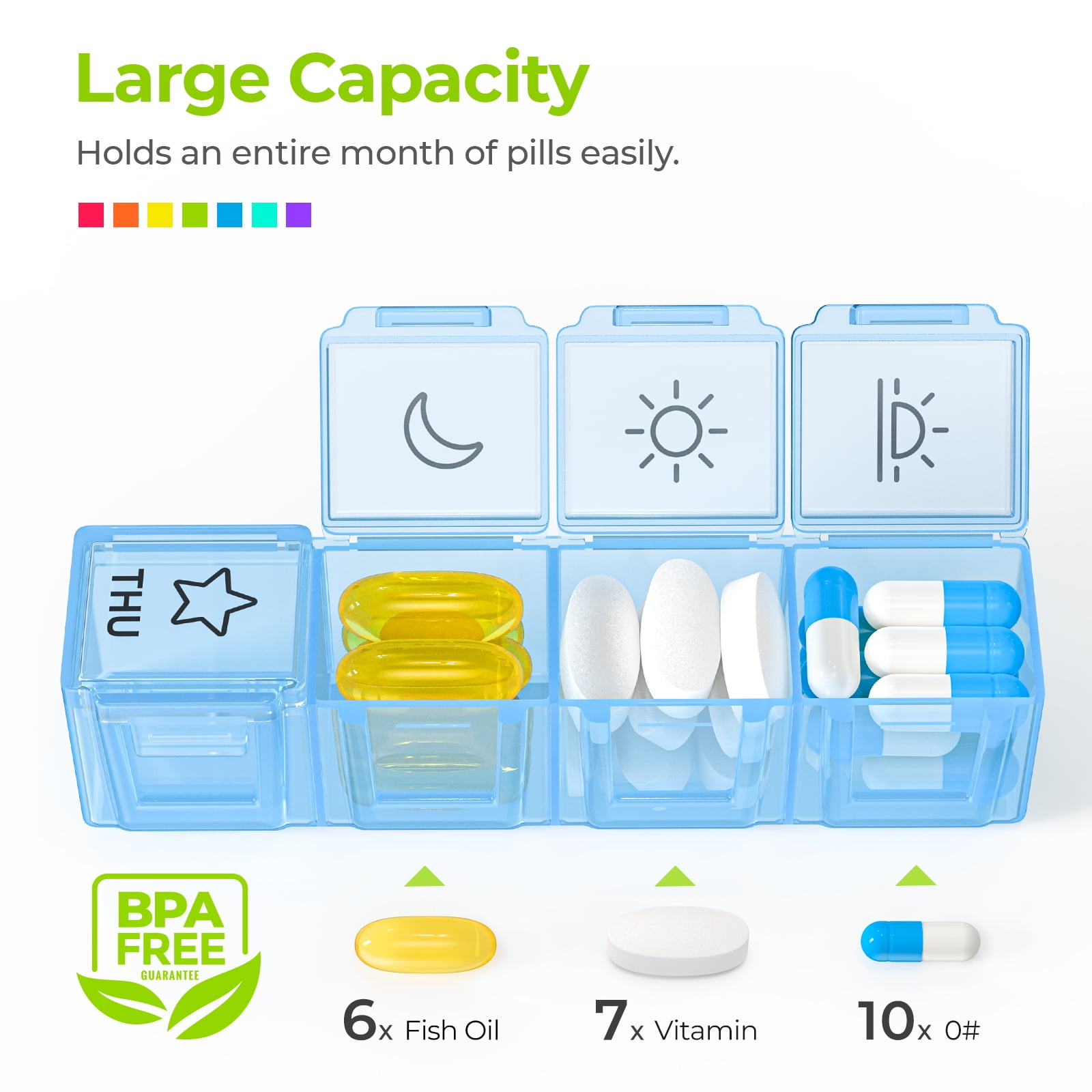 AUVON Weekly Pill Organizer Arthritis Friendly, BPA Free Travel 7 Day Pill  Box Case with Spring Open Design and Large Compartment to Hold Vitamins