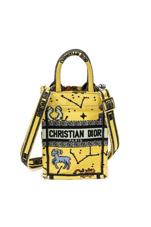 Pre-Owned Dior Yellow Mini Book Tote Phone Bag Shoulder Bag Embroidered Canvas