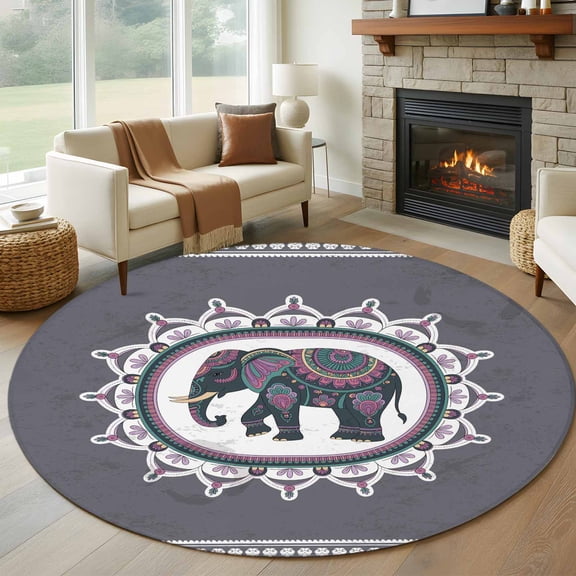 Grey Elephants Round Area Rug 5Ft Washable Circle Rugs for Living Room Bedroom, Modern Geometric Ethnic Animals National Non-Slip Carpet Floor Mats Indoor Outdoor Carpet Runner Aesthetic Home Decor