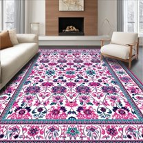 Flatwoven High Traffic Area Rug, Chic Dark Floral Aesthetic, Non Slip, Stain Resistant, Washable Area Rugs for Living Room, Bedroom(White, 4X6)
