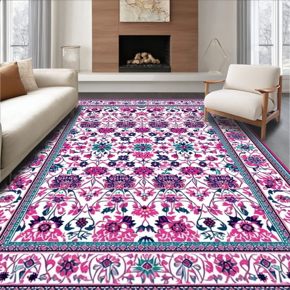 Flatwoven High Traffic Area Rug, Chic Dark Floral Aesthetic, Non Slip, Stain Resistant, Washable Area Rugs for Living Room, Bedroom(White, 4X6)