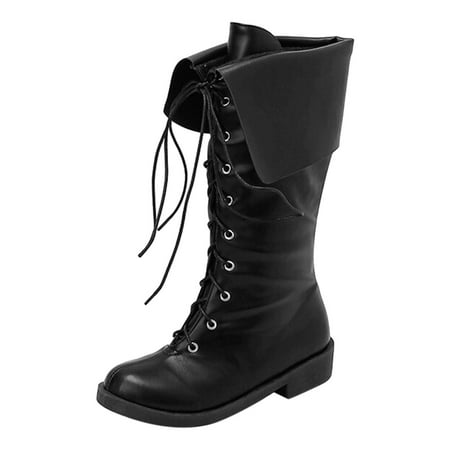 

PMUYBHF Fringe Boots for Women Ladies Solid Color Simple Casual Leather Round Toe Strap Folding Flat Bottom Large Size Boots Mid Calf Boots Leather Boots Hook-and-Loop Womens Winter Boots Wide Width