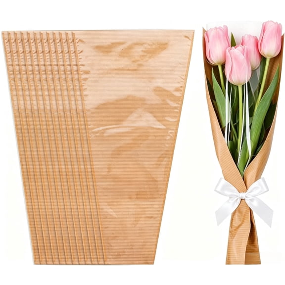 50Pcs Flower Wrapping Bags Kraft Paper Floral Packing Sleeves Bouquet Bags Clear Flower Wrapping Sleeves for Graduation Wedding Birthday Christmas Valentine's Day Gift, 9.8x17.9 Inch