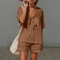 thumbnail image 3 of Pounoo Linen Sets for Women 2 Piece Tie Front V Neck Short Sleeve Tops Cuffed Hem Shorts Summer Beach Vacation Casual Matching Outfits Gift, 3 of 9