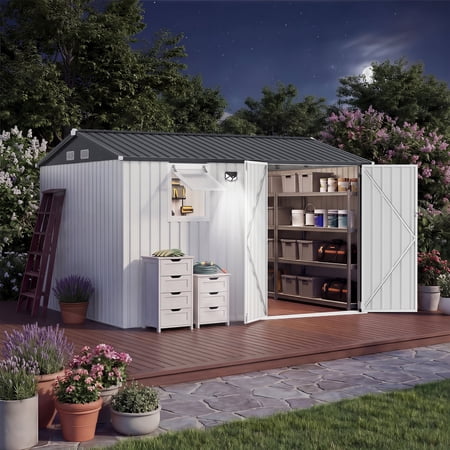 10x8 Outdoor Storage Shed with Pushable Window & LED Lamp, Metal Garden Shed with Sloping Roof, Lockable Double Doors,Corrosion-Resistant Steel – Ideal for Patio, Garden, Garage, and Backyard Storag