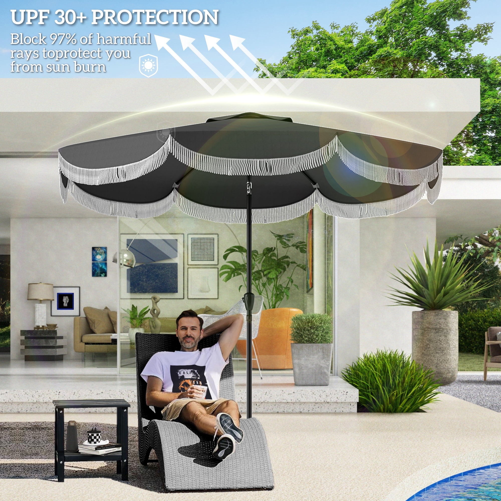 Outsunny 9FT Patio Umbrella, UPF 30+ Outdoor Market Umbrella, Vented Patio Table Umbrella with Crank, 8 Ribs, Push Button Tilt, Charcoal Gray