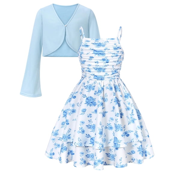 Aideaone Girls Dress Set Floral Spaghetti Strap Dress with Cardigan for Tweens Teens 7-14 Years
