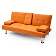 thumbnail image 5 of PU Leather Futon Sofa Bed, Convertible Folding Couch with Adjustable Back and Metal Legs, Multifunctional Sleeper Sofa with Cup Holder for Living Room Apartment Office, Orange, 5 of 7