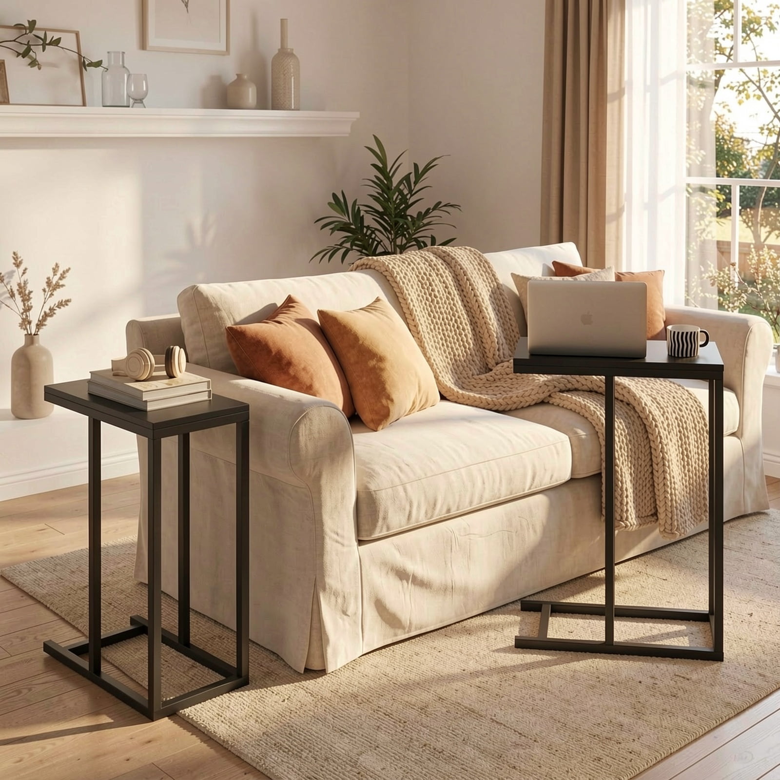 Furnibear C-Shaped End Table, Narrow Side Table for Sofa and Couch with Heavy-Duty Metal Frame, Space-Saving Snack Table for Living Room, Rustic Brown