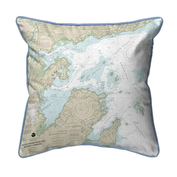 Betsy Drake Interiors Salem, Marblehead and Beverly Harbors, MA Nautical Map Small Corded Indoor/Outdoor Pillow 12x12
