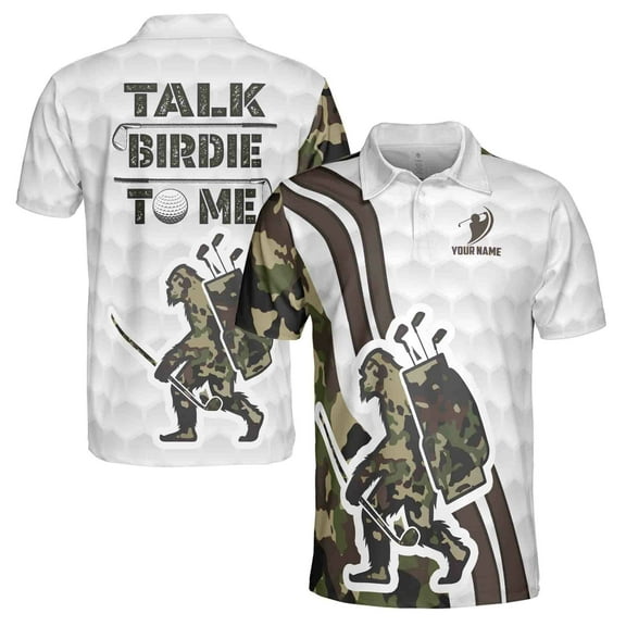 Funny Sasquach Golfing Big Foot Talk Birdie To Me Camo Men's Polo Shirt S-5XL