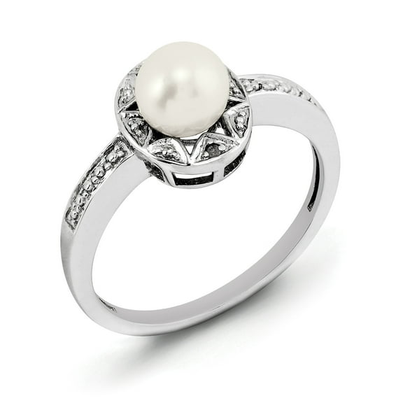 925 Sterling Silver Polished Diamond and Freshwater Cultured Pearl Ring Size 9 Measures 2mm Wide - Ring for Women