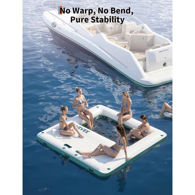 Eastvita 10x10FT Inflatable Floating Dock Square Platform with Mesh Swim Area Non - Slip EVA Surface Rope Ladder for Boats Pool Lake Beach Ocean