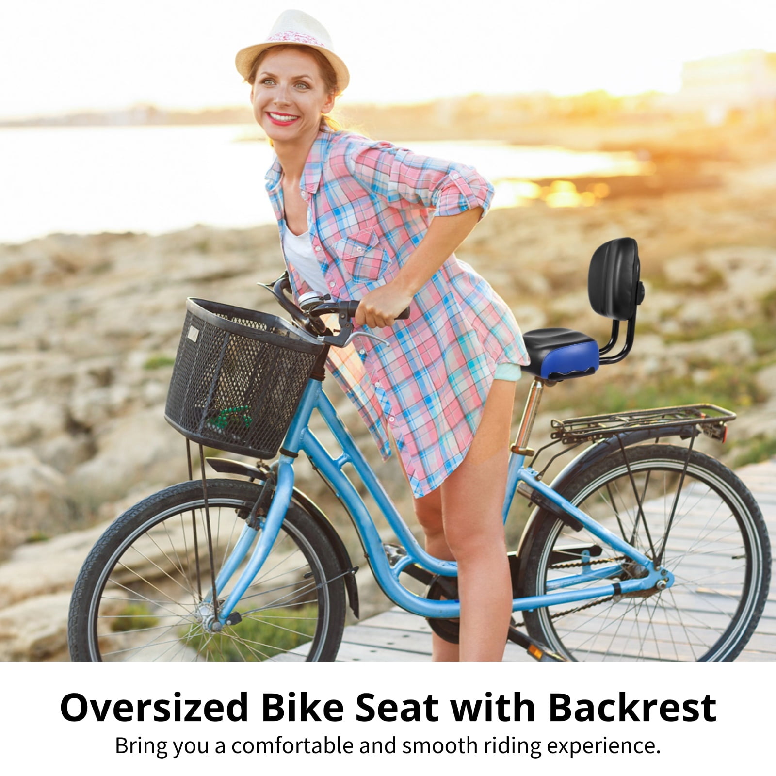 Bike Seat with Backrest, Oversized Bicycle Saddle with Back Support, Wide Bike Padded PU Cushion Saddle, Universal Saddle Replacement for Tricycle, Height Adjustable