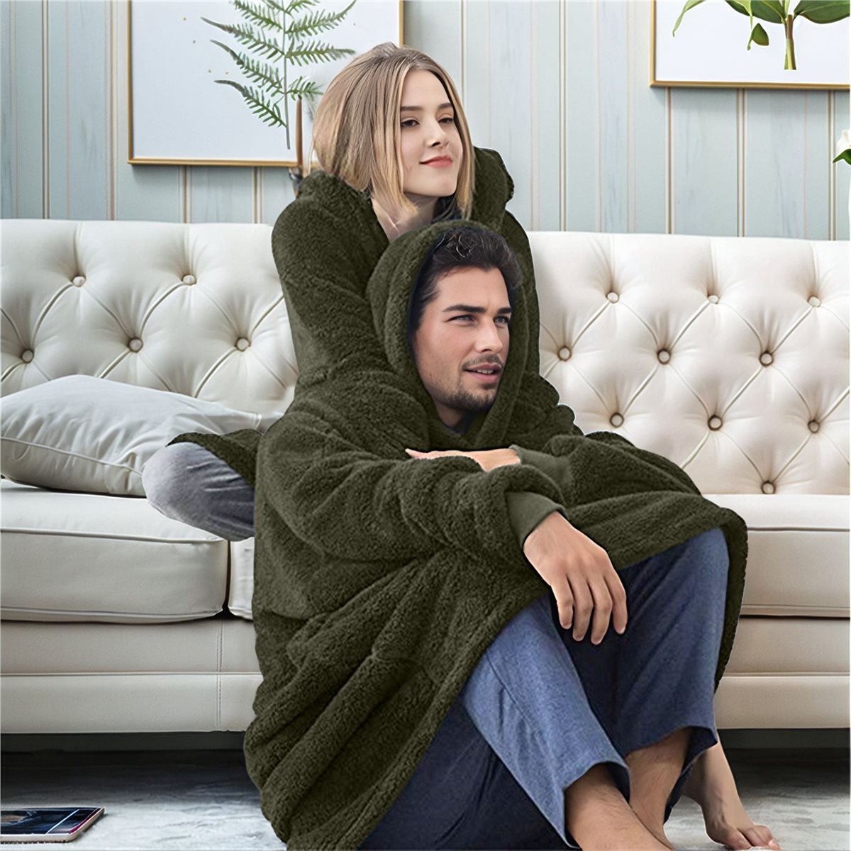 Oversized Blanket Hoodie Sweatshirt, Wearable Lounging Pullover for Adults Women Men Green One size