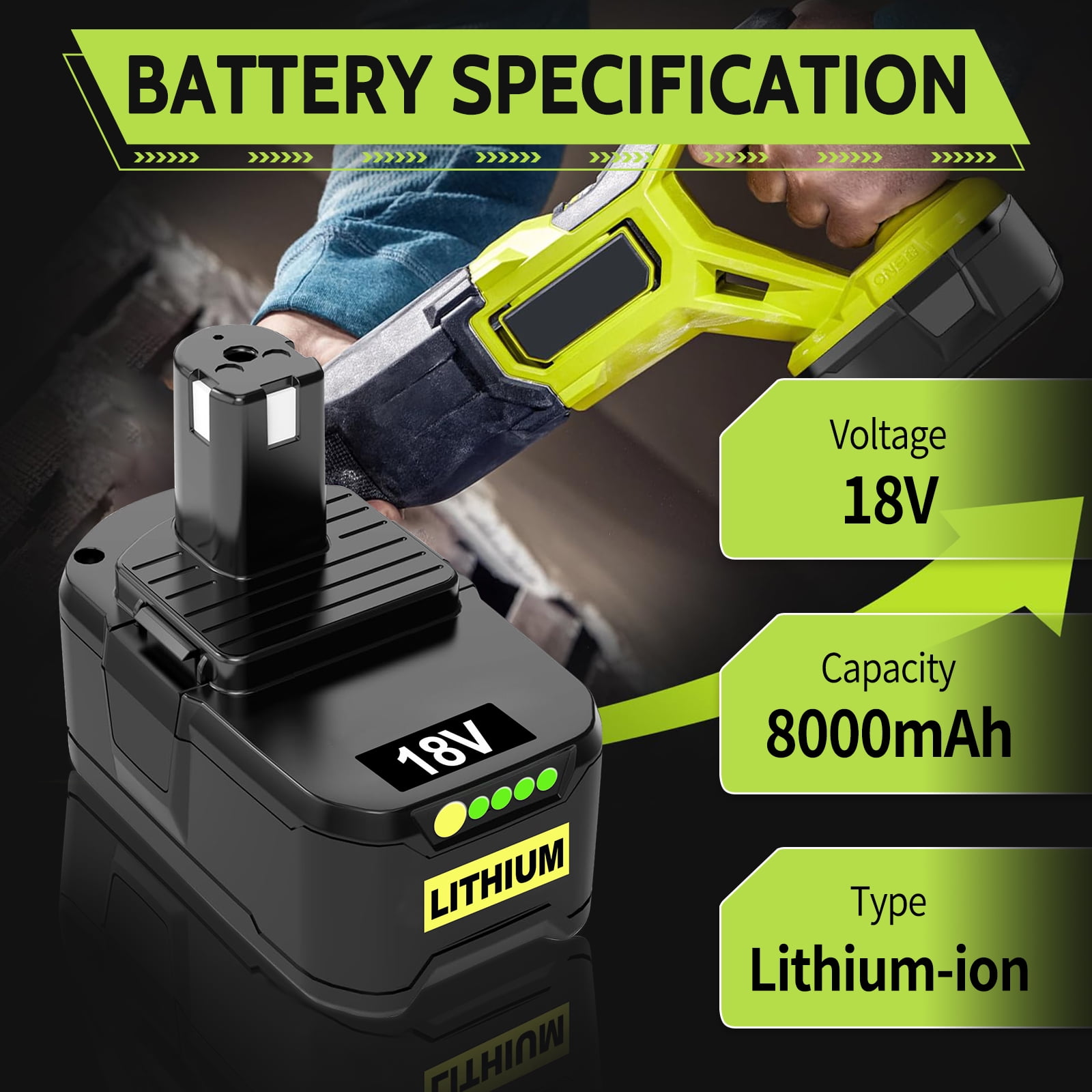 1 Pack 8.0Ah Replacement for Ryobi 18V Battery Compatible with Ryobi Battery 18V Fits for Ryobi Battery P102 P103 P104 P105 P107 P108 P109 P190 P122 with LED