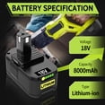 thumbnail image 5 of 2 Pack 8000mAh 18V Replacement Battery for Ryobi 18V Battery Compatible with Ryobi Battery Fits for Ryobi Battery 18V Safe and Long-Lasting P102 P103 P104 P105 P107 P108 P109 P190 P122, 5 of 7