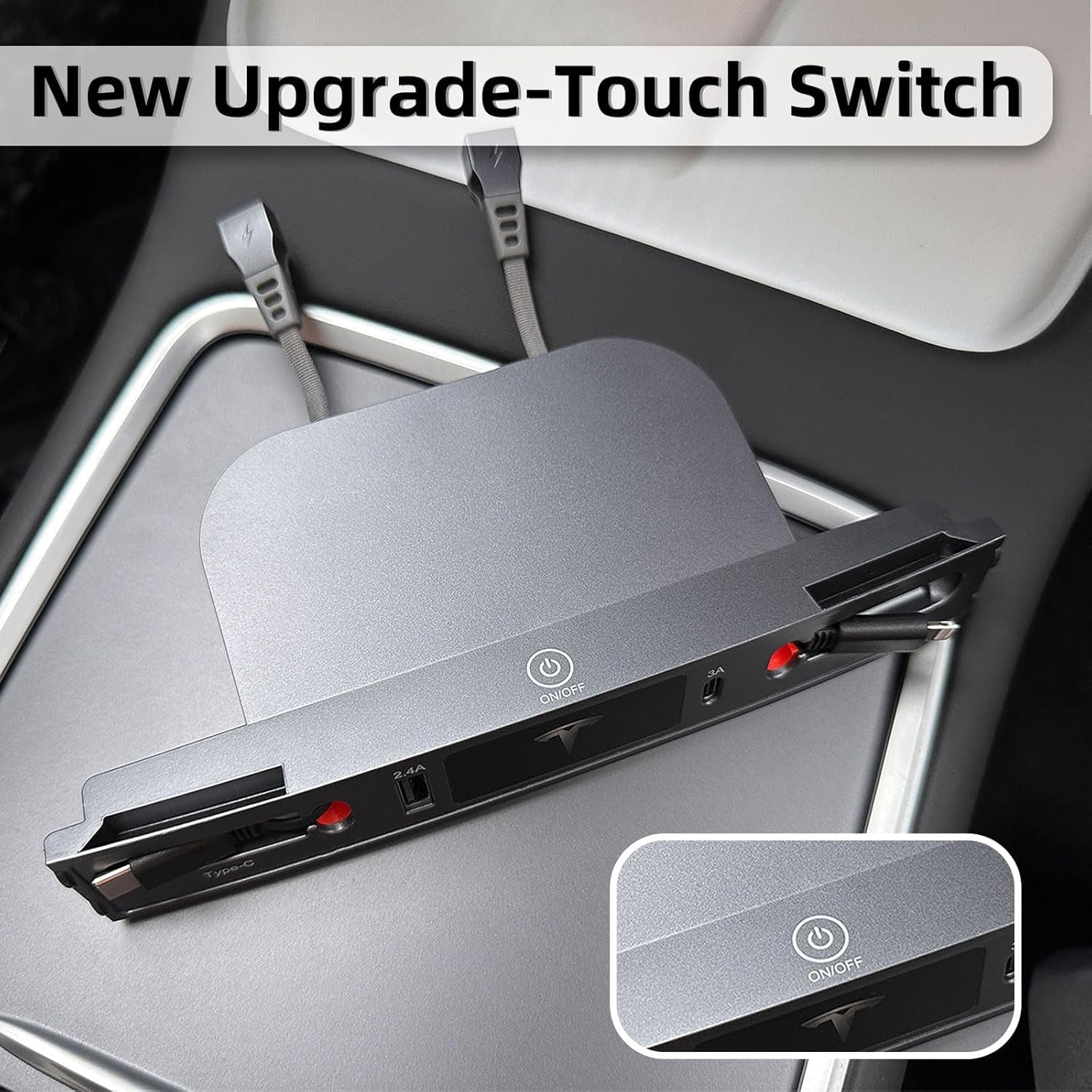 Car USB Charger for Tesla Model 3 Model Y 2024 2023 2022 2021, Upgrade Touch Switch Model 3 Model Y USB Hub with Dual Type-C Cable for Tesla Interior Accessories (Not fit Model 3 2024 Highland)