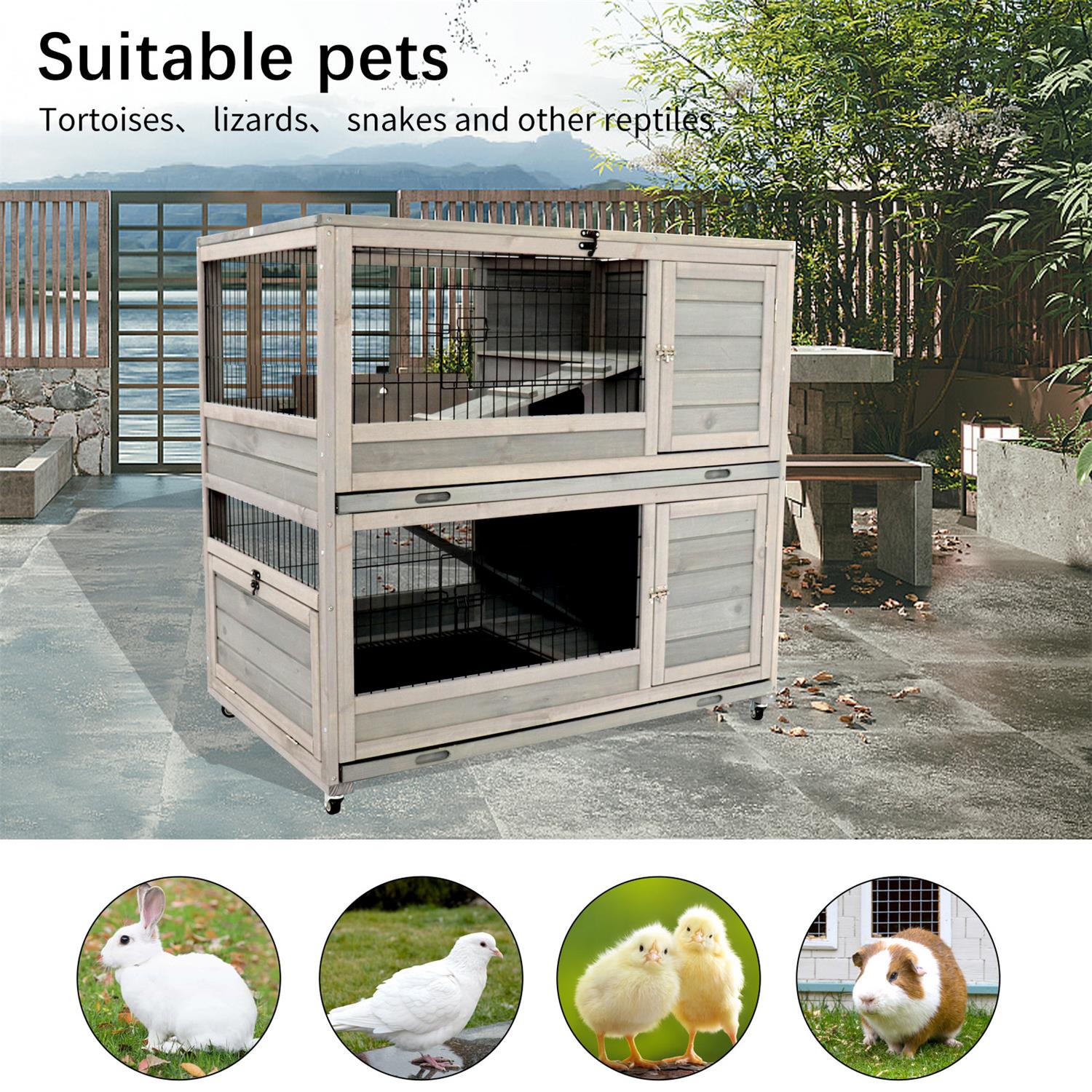 Pefilos 39" Wooden Rabbit Cage with Ramp, Small Animals Habitat, Weatherproof Roof and Removable Tray, Universal Wheel, Gray Pefilos 39" Wooden Rabbit Cage with Ramp, Small Animals Habitat, Weatherproof Roof and Removable Tray, Universal Wheel, Gray