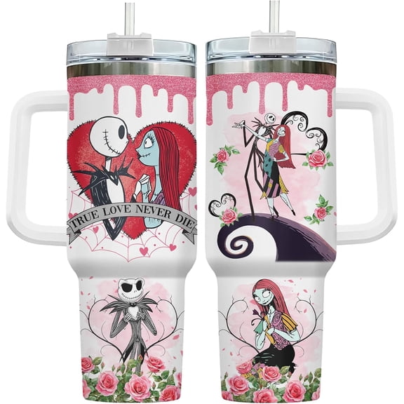 Valentines Day Gifts for Him Her, Jack Skeleton 40 Oz Tumbler with Handle, Horror Valentines Cup, Nightmare Before Characters Mug, Gifts for Movie Lovers