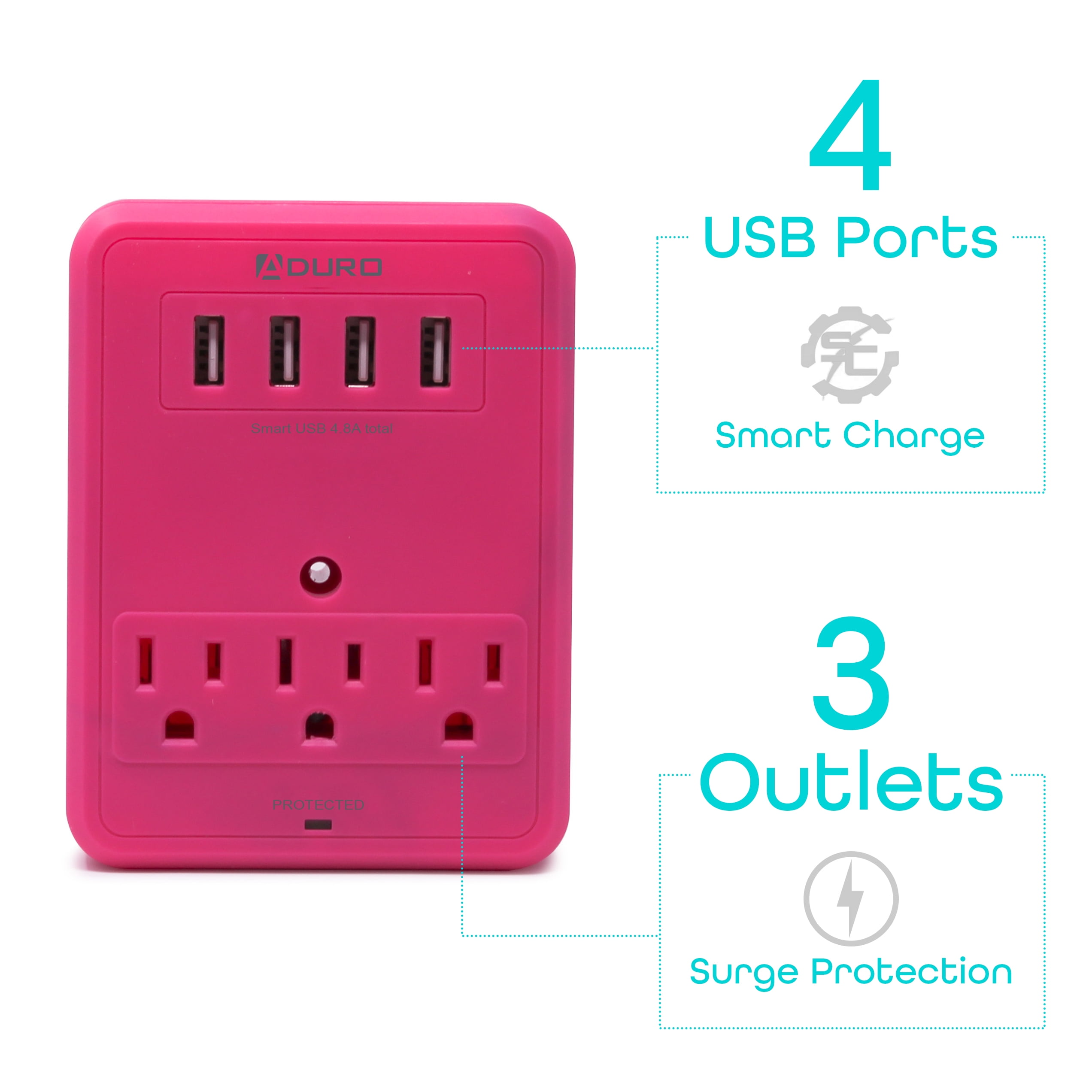 Aduro 3 Outlet 4 USB Port Surge Protector, Pink