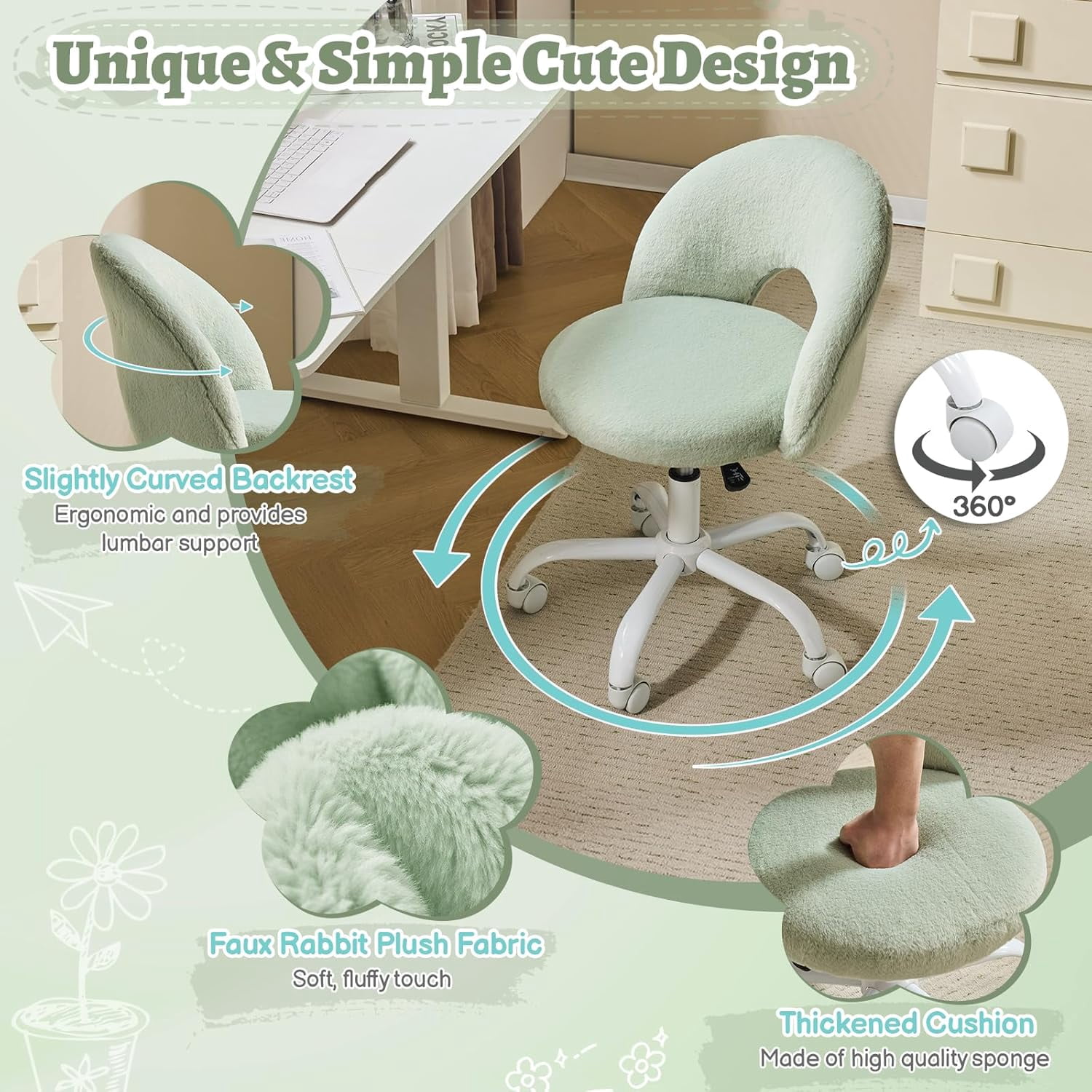 VINGLI Small Vanity Chair with Wheels for Girls.Cute Modern Adjustable Height Armless Office Desk Chair.360°Swivel Comfy Rolling Chair for Study, Make up Room,Small Space,Linen White