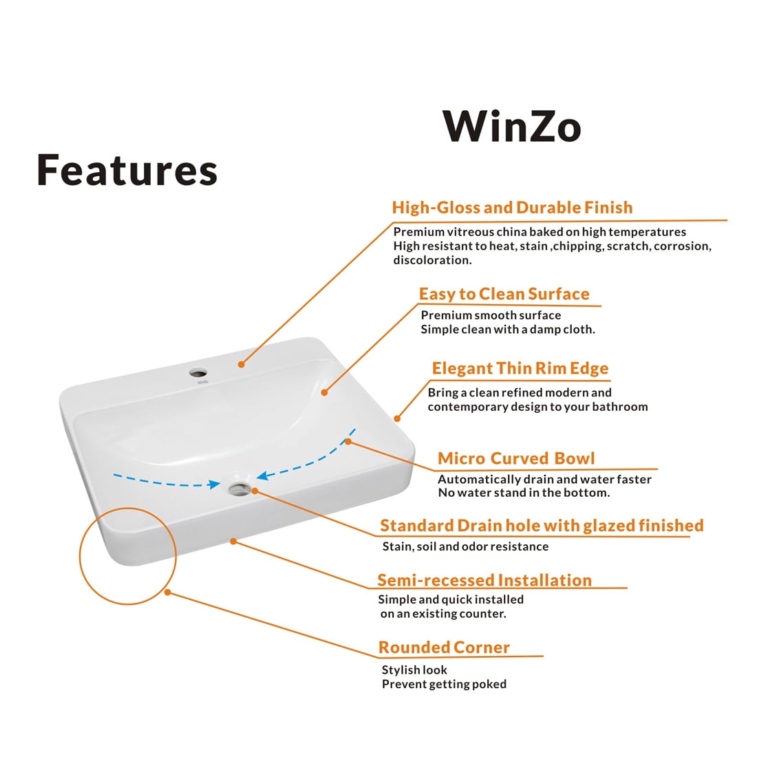 WinZo WZ6123 Drop-in Bathroom Sink, 23" Rectangle Semi-recessed Ceramic Vanity Vessel Basin White