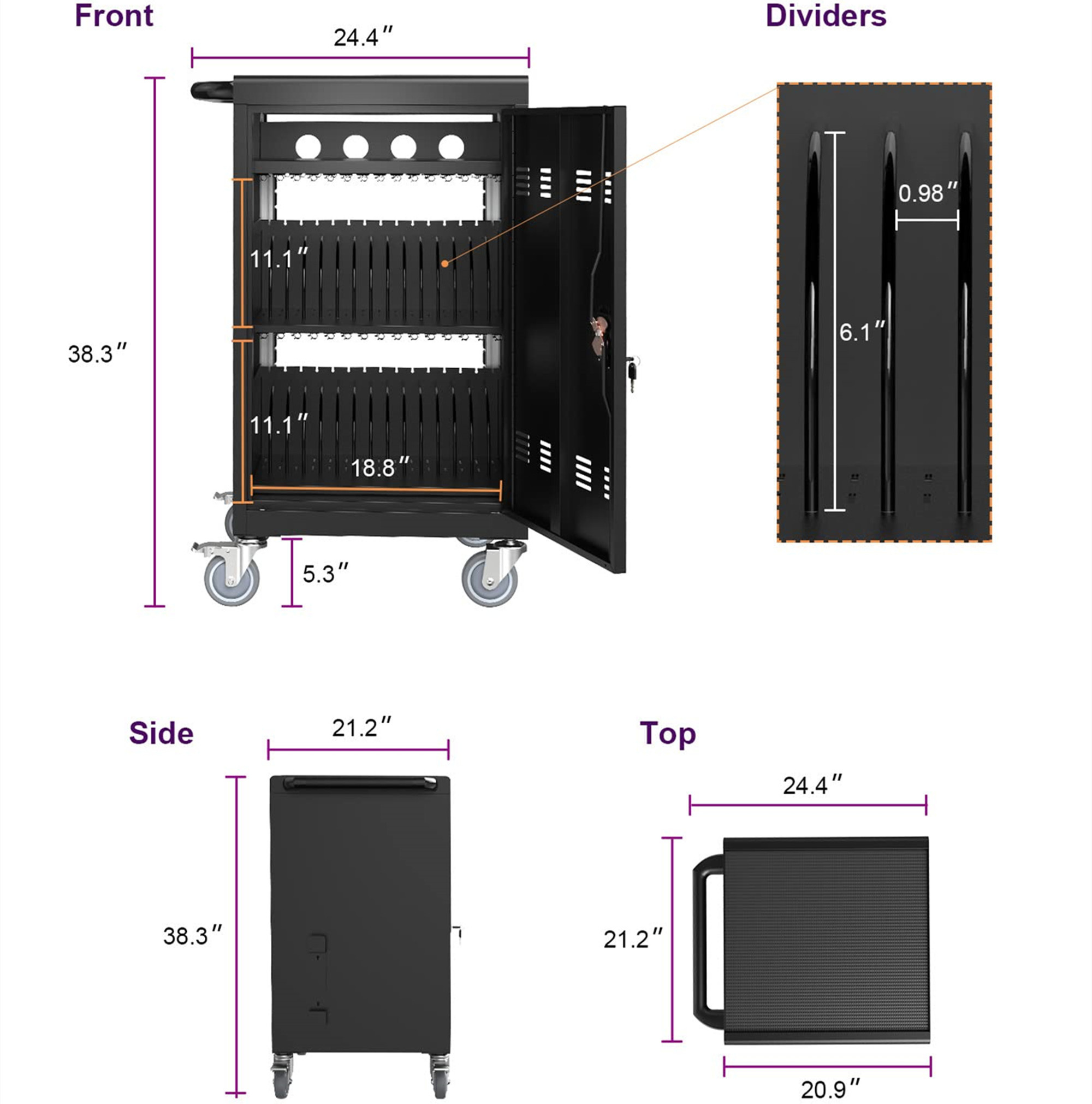 Aukfa 35-Unit Mobile Charging Cart, Classroom Locking Charging Station up to 16-inch Chromebooks and Laptop, Black