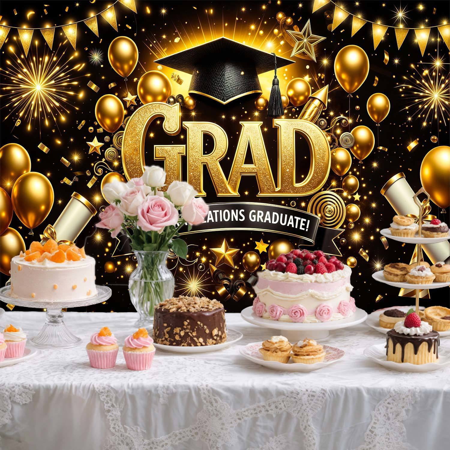 9x6ft Black and Gold Graduation Photography Backdrop, Congratulations Graduate Photo Booth Background with Cap Diploma Balloons, 2026 Grad Party Decor for High School College Graduation Supplies