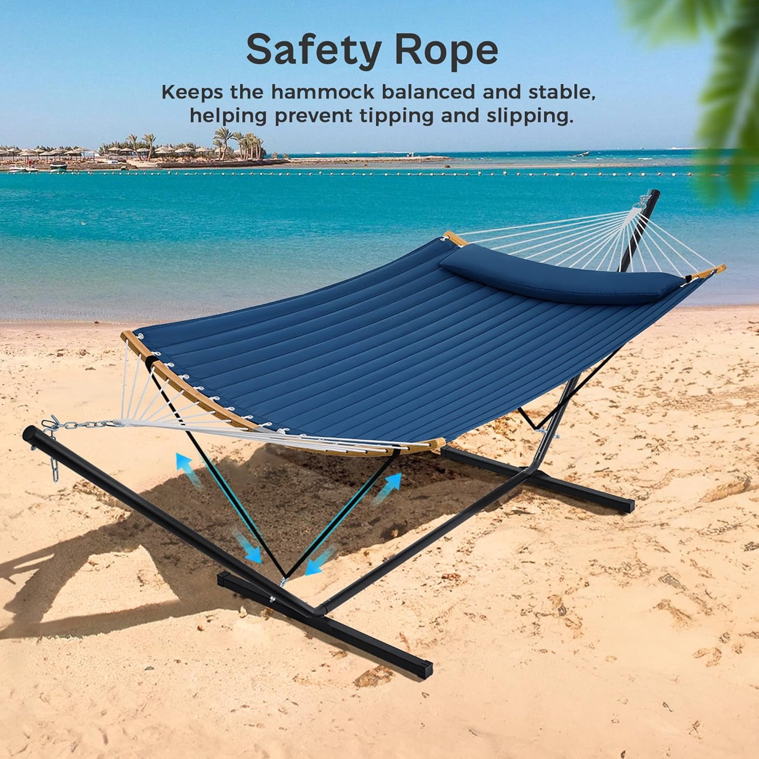 Curved-Bar Hammock with Stand, 2 Person Heavy Duty Hammock Frame, Detachable Pillow & Portable Carrying Bag, Perfect for Outdoor & Indoor, Navy Blue