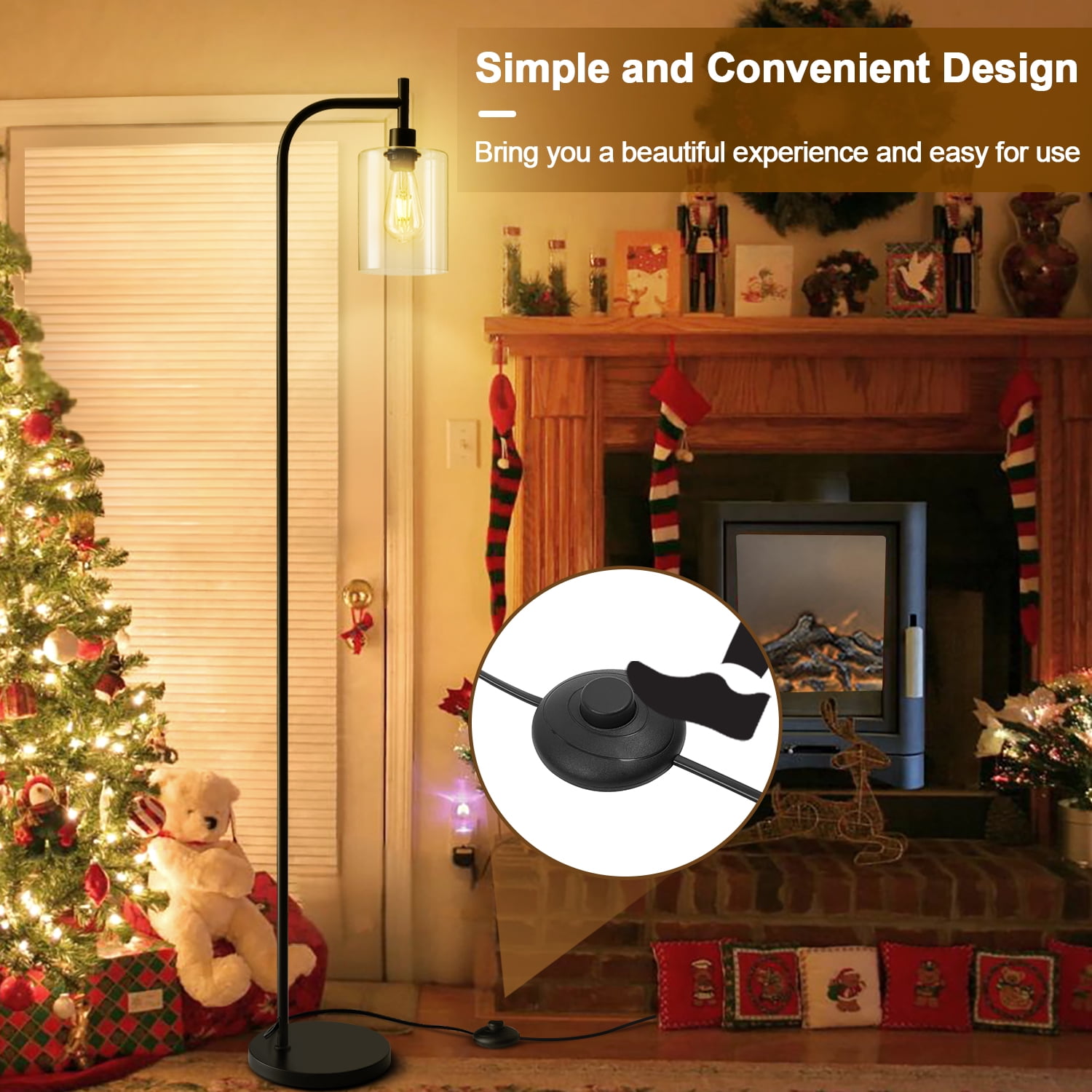 Vesteel Arc Floor Lamp for Living Room, Modern Standing Lamp with Glass Lampshade, Industrial Metal Tall Lamp for Home Bedroom Office, Foot Pedal Switch & LED Bulb Included