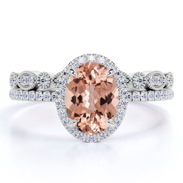 JeenMata Anillo de Boda Nupcial Asequible de 1,75 Quilates con Morganita y Moissanita de Corte Ovalado Engastado con Anillo de Compromiso y Alianza de Boda en Oro Blanco de 18 K sobre Plata