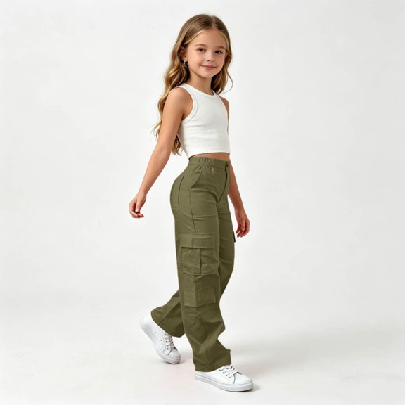 Girls Cargo Pants Solid Color Stretchy Zip Pockets Casual Loose Long Pants Size 4-5Y