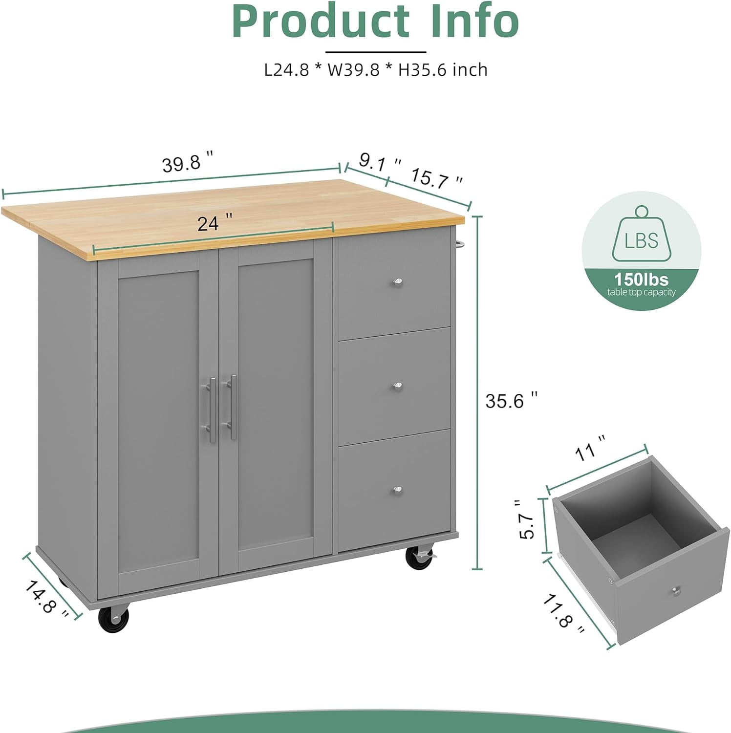 Sobaniilo Rolling Kitchen Island Cart with Folding Drop Leaf Breakfast Bar, Portable Trolley Island with Large Storage Cabinet, Shelf and Drawer, Grey