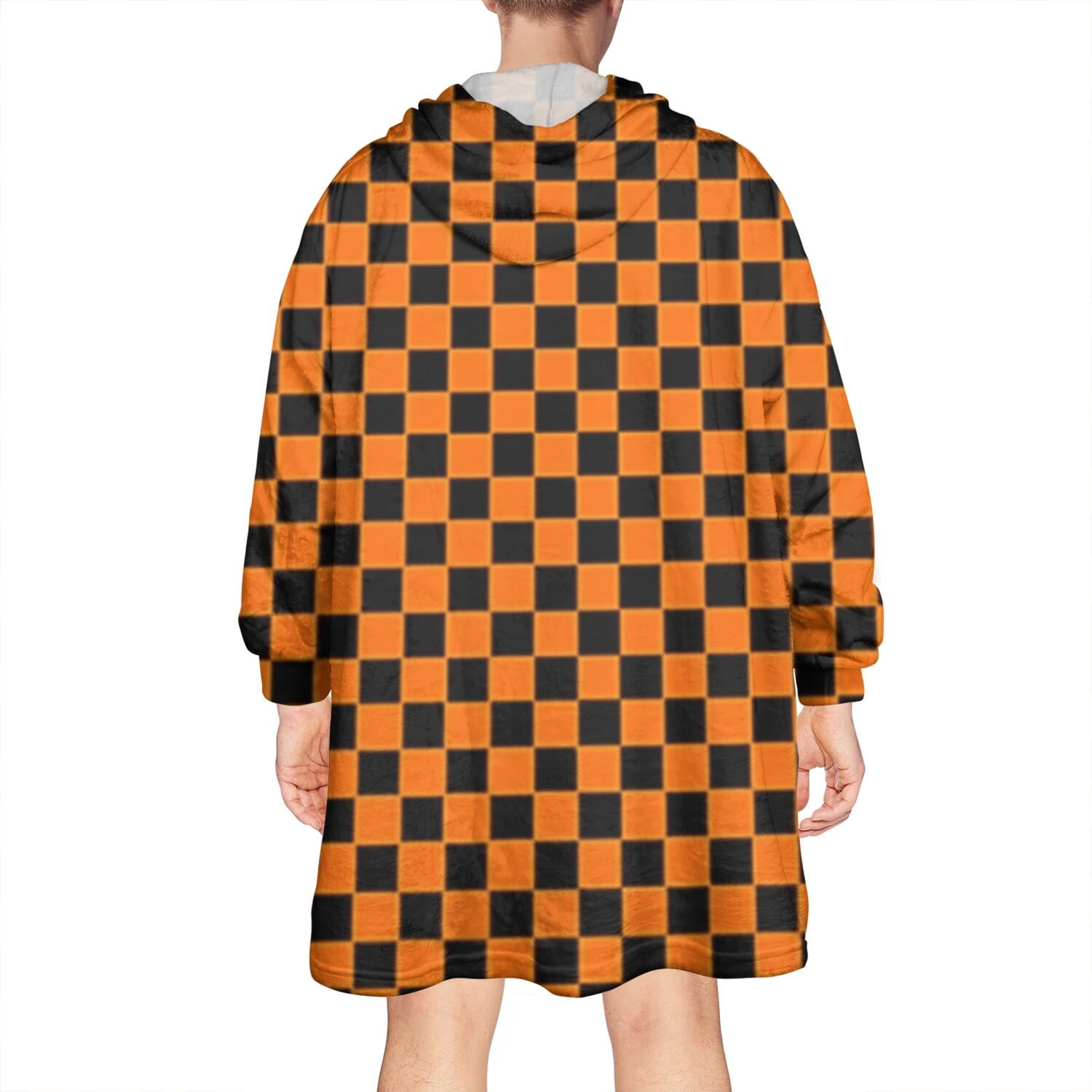 Orange and Black Checkered Pattern Wearable Oversized Blanket,Wearable Blanket Hoodie for Adults,Cozy Hooded Blankets with Super Pockets,Super Warm Fuzzy Pullover for Women & Men