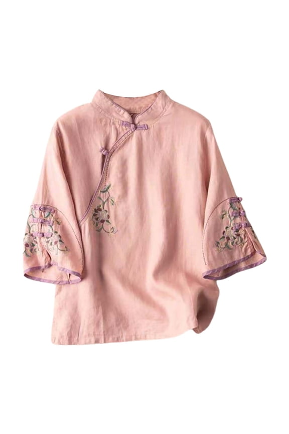 3/4 Sleeve for Women Crew Neck Asian Outfits Women Trendy Retro Blouse Embroidered Top Plus Size Blouses Chinese Tops for Women Hanfu Cheongsam Gauze Tops for Women Tunic Top A1 Red 3XL