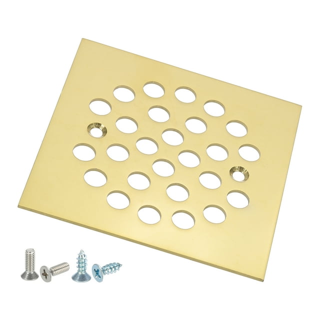 Juego de tapa de desagüe de ducha 4-1/4", 1 pieza de tapa de desagüe cuadrada atornillable de acero inoxidable 304 con tornillo para suelos de baño, jardines paisajísticos, pasarelas y patios, dorado