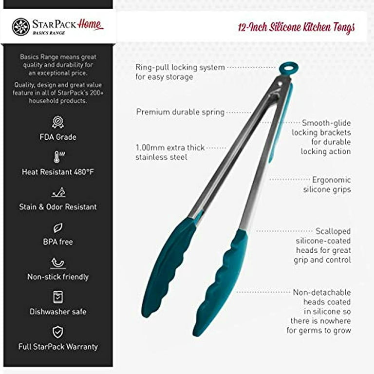 StarPack Basics Silicone Kitchen Tongs 9-Inch - Stainless Steel with  Non-Stick Silicone Tips, High Heat Resistant to 480°F, For Cooking,  Serving